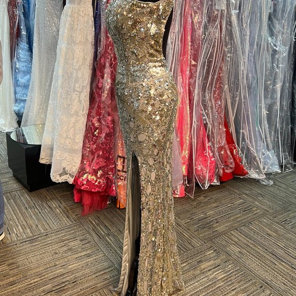 Precious Formals P9117 sz 0 PLATINUM GOLD PEWTER FITTED DRESS - Picture 10 of 10